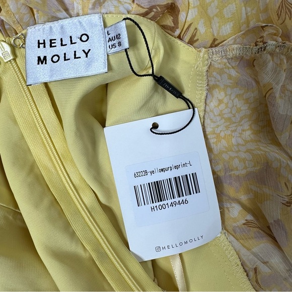 Hello Molly Puff Sleeve Ruched Bodice Dress Botanic Print Yellow sz L NWT - Picture 6 of 7